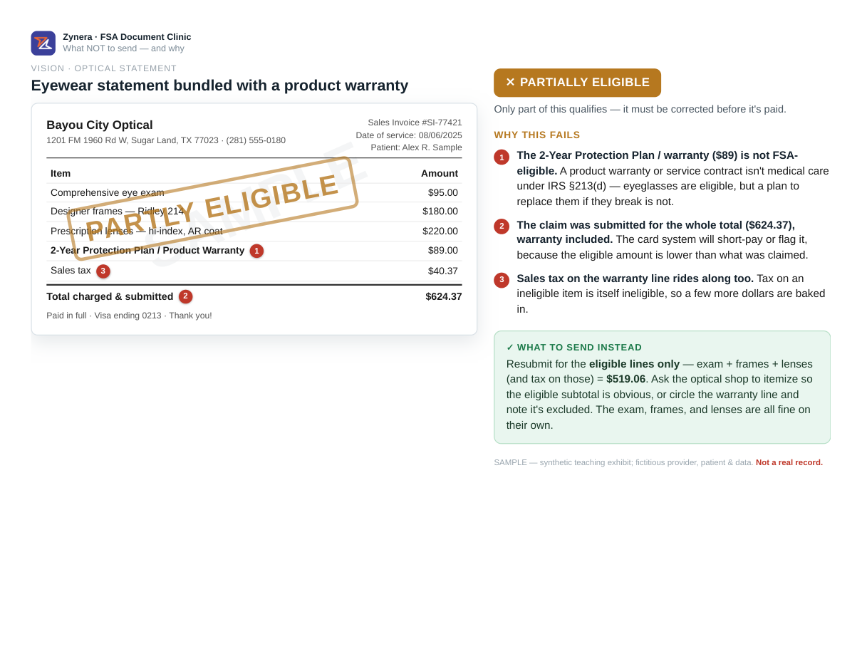 Eyewear statement bundled with a product warranty