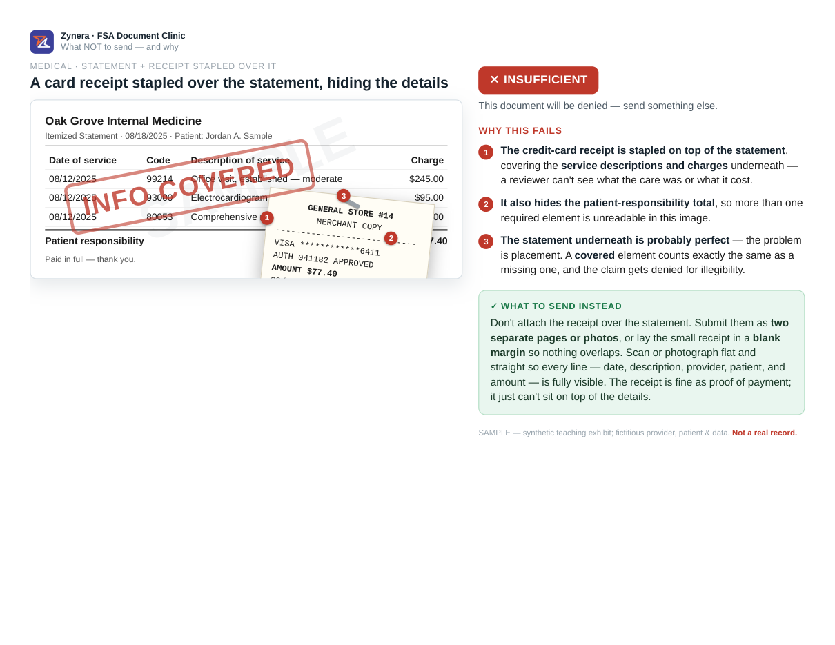 A card receipt stapled over the statement, hiding the details